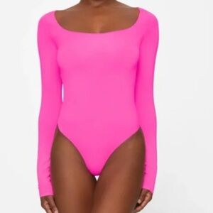 Pink Highlighter SKIMS Essential Long Sleeve Scoop Neck Bodysuit